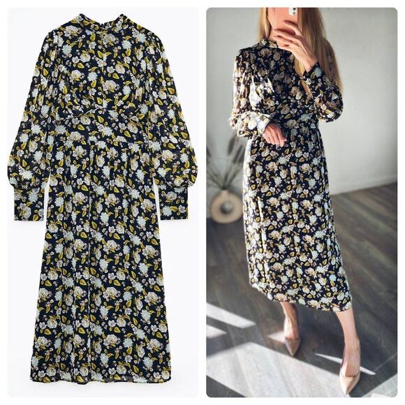 Zara Chiffon Dress Midi Ling Sleeve Print Floral New - Picture 1 of 12